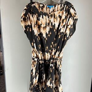 Derek Lam Black, Cream & Tan Abstract Brushstroke Midi Dress